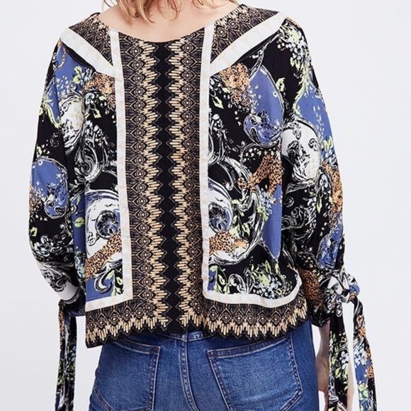Free People Catch Me If You Can Tie Sleeve Blouse, Boho Cheetah Print, XS - Picture 4 of 16